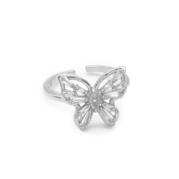 Anel Feminino Borboleta Ajustável Cravejado com Zircônias Banhado a Ródio
