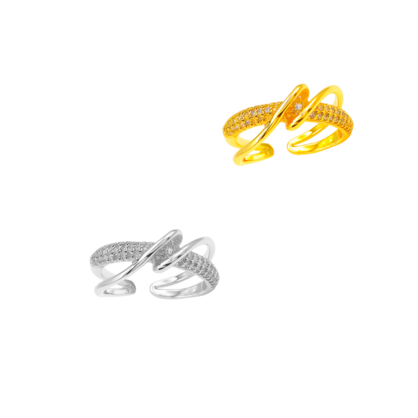 Anel Feminino com Duas Camadas de Zircônia Entrelaçadas Banhado Ouro e Ródio