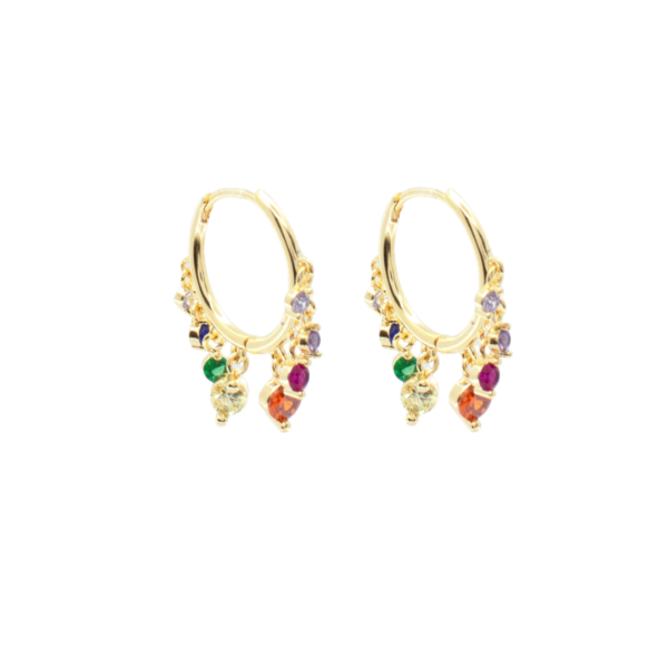 Brinco de Argola 1,7cm Click com Pedras Coloridas Penduradas Bnahdo a ouro