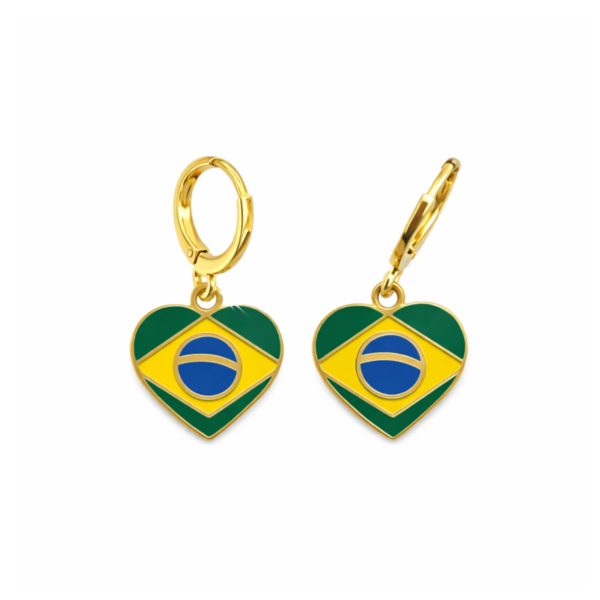 Brinco Argolinha Coração Bandeira do Brasil 2,8cm Banhado a Ouro