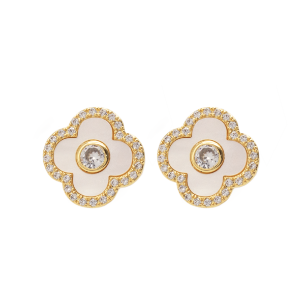 Brinco Feminino Trevo de Quatro Folhas com Madrepérola e Zircônias Cravejadas Banhado a Ouro