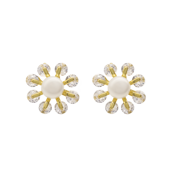 Brinco Feminino de Pérola com Design Floral em Zircônias Banhado a Ouro