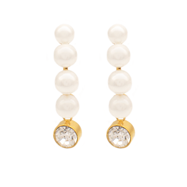 Brinco Feminino Ear Climber Com Pérolas E Zircônia Em Aço Inox PVD Dourado
