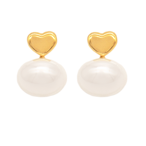 Brinco Feminino Coração Dourado Com Pérola Pendente Em Aço Inox Dourado