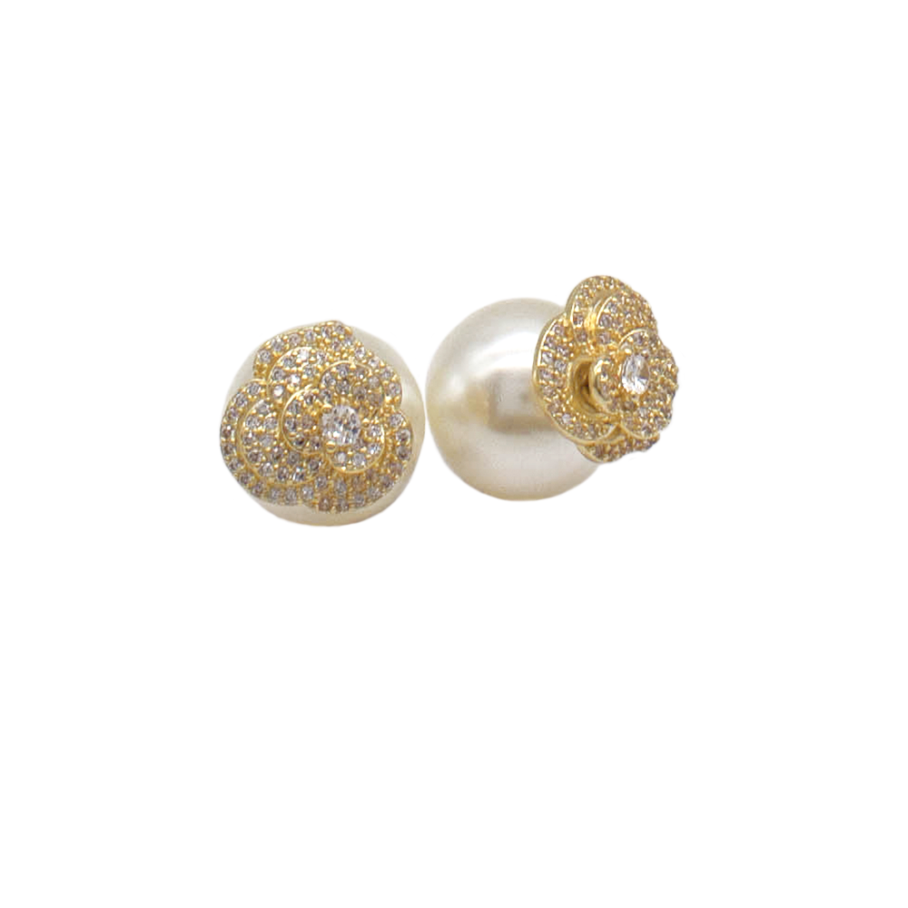 B3472-1 Brinco Elegante Flor Cravejada Com Tarraxa De Pérola Banhado A Ouro E Ródio - Imagem 1