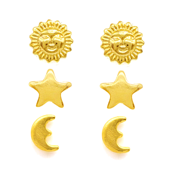 Brincos Trio de Estrela Sol e Lua Banhado a Ouro