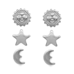 Brincos Trio de  Estrela Sol e Lua Banhado a Banhado a Ródio