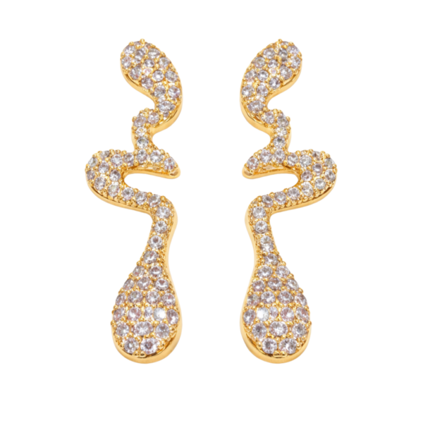 Brinco Orgânico Curvas Estilo Cobra Cravejado 3,5x1cm Banhado a Ouro