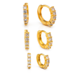 Trio de Brincos Argola Clic com Zircônias Banhado a Ouro e Ródio