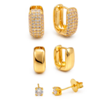Trio de Brincos Argola Lisa, Cravejada e Ponto de Luz Banhado a Ouro e Ródio