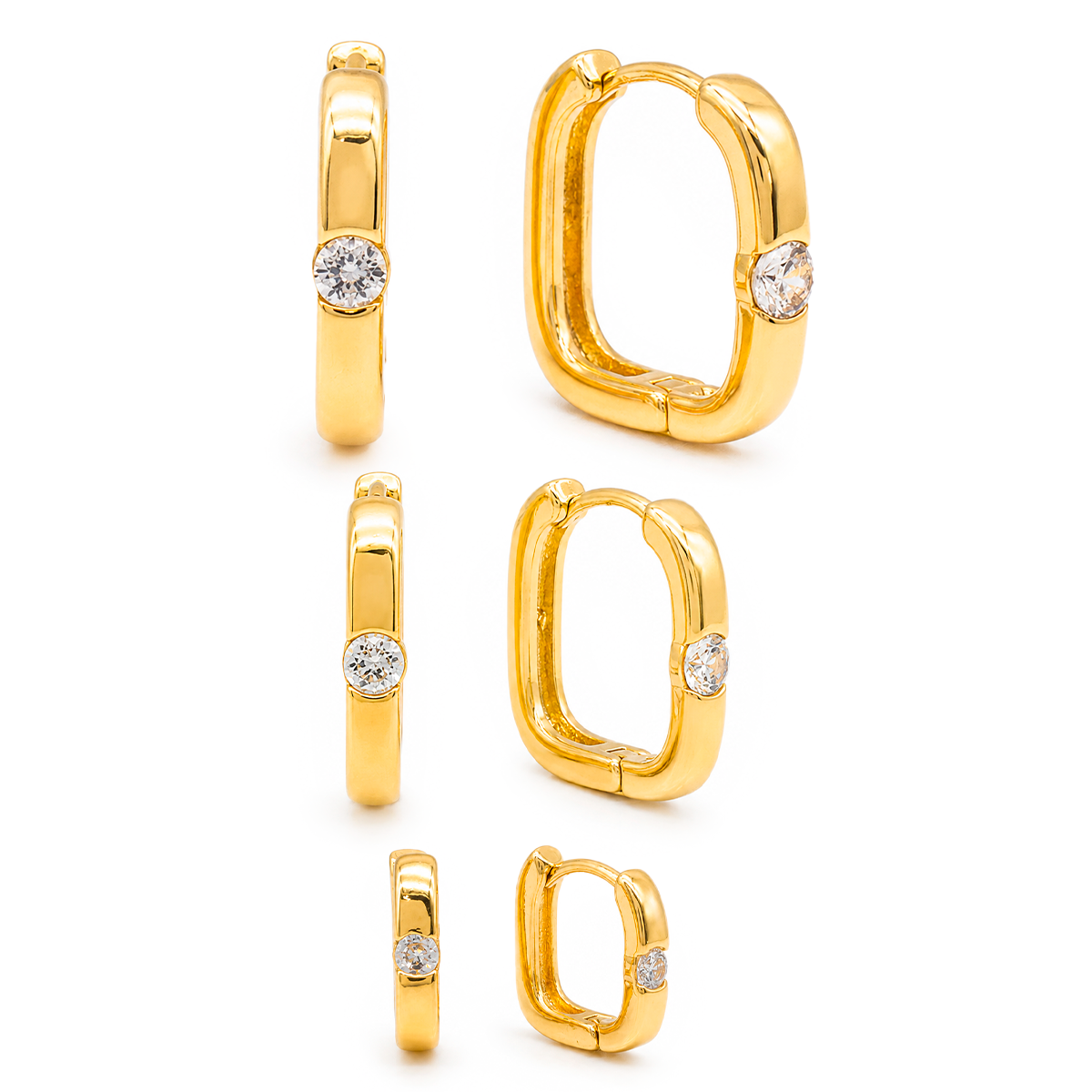 B3767-1 Trio de Brincos Argolas Quadradas Articuladas com Central em Zircônia Banhado Elegante - Imagem 1