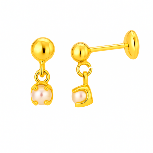 Brinco Bolinha com Pérola Pendurada eTarracha Baby Banhado a Ouro