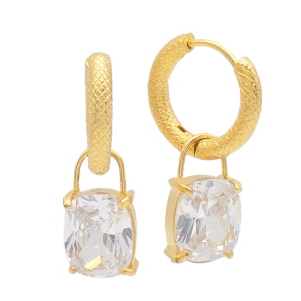 Brinco Argola Click Com Zircônia Retangular Em Aço Inox Com Revestimento PVD Dourado