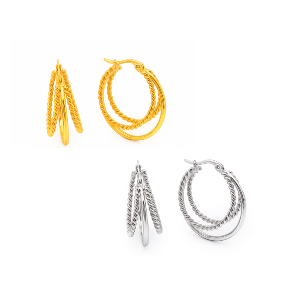 Brinco Feminino Argola com Duas Argolas Entrelaçadas em Aço Inox Dourado e Prata