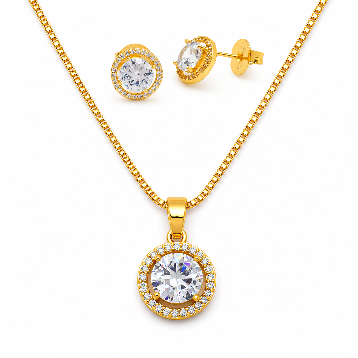 CJ059-1 Conjunto de Colar e Brinco Redondos Cravejados com Zircônias Banhado a Ouro e Ródio Elegante - Imagem 1