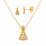 Conjunto Brinco e Colar de Nossa Senhora Aparecida Cravejado com Microzircônias Banhado a Ouro e Ródio