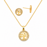 Conjunto Brinco e Colar Árvore da Vida Cravejado com Microzircônias Banhado a Ouro e Ródio