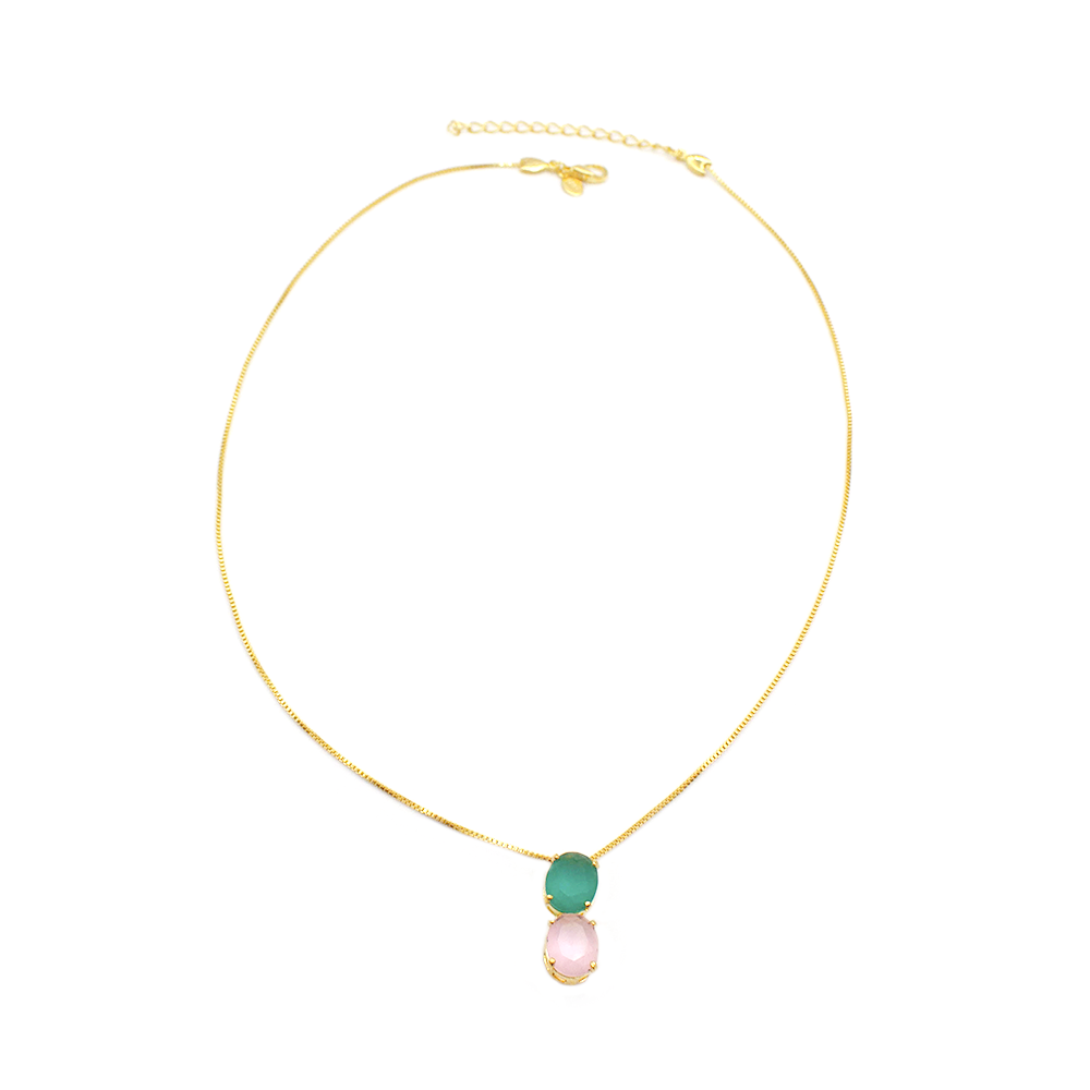 CJ2014-1 Conjunto Colar E Brincos Com Dupla Gema Rosa E Esmeralda Design Elegante E Sofisticado - Imagem 1