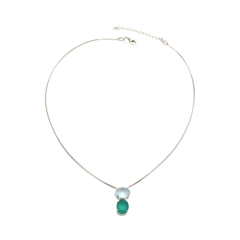 CJ2016-RB-VD-1 Conjunto Colar E Brincos Com Dupla Gema Azul E Verde Elegante Banhado a Ródio - Imagem 1