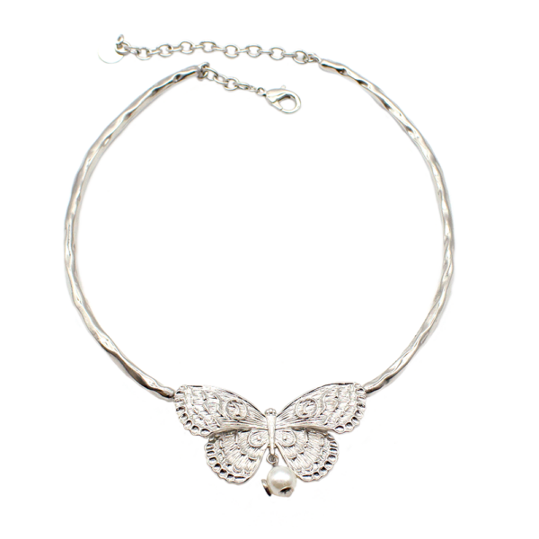 Choker De Borboleta Com Pérola Pendurada Delicado E Maleável Banhado a Ródio