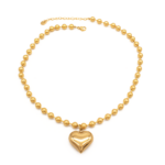 Colar Feminino Coração Liso Com Corrente De Bolinhas Em Aço Inox PVD Dourado