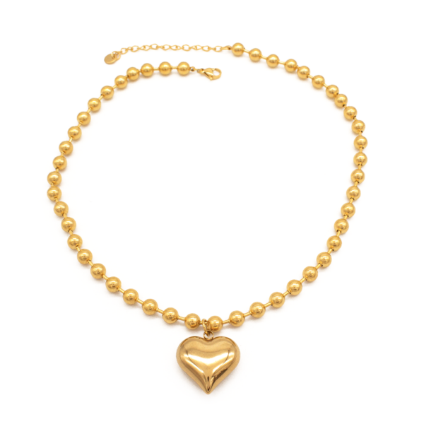 Colar Feminino Coração Liso Com Corrente De Bolinhas Em Aço Inox PVD Dourado