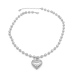 Colar Feminino Coração Liso Com Corrente De Bolinhas Em Aço Inox PVD Prata