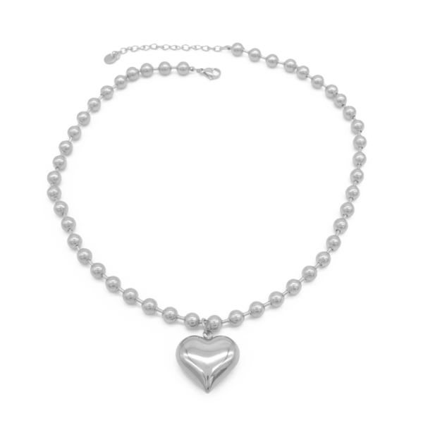 Colar Feminino Coração Liso Com Corrente De Bolinhas Em Aço Inox PVD Prata