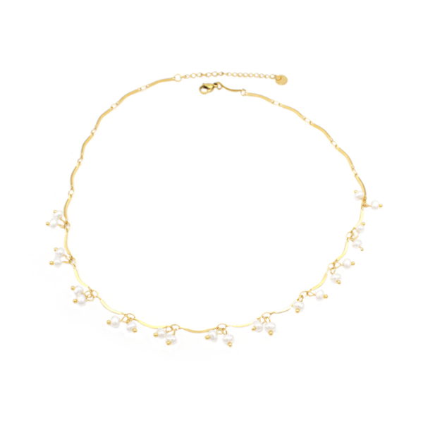Colar Feminino Com Micro Pérolas Penduradas Em Aço Inox PVD Dourado