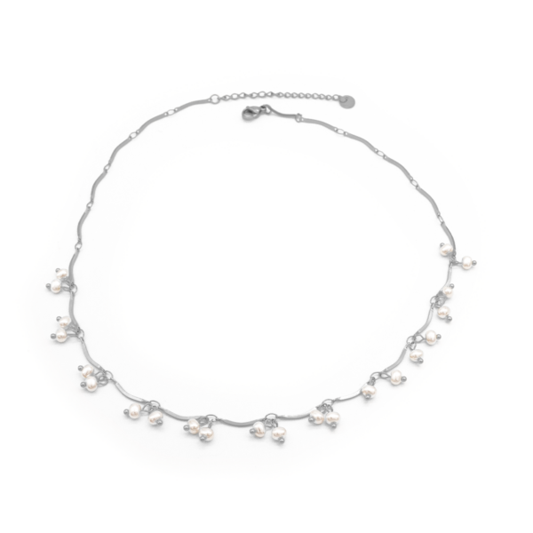 Colar Feminino Com Micro Pérolas Penduradas Em Aço Inox PVD Prata