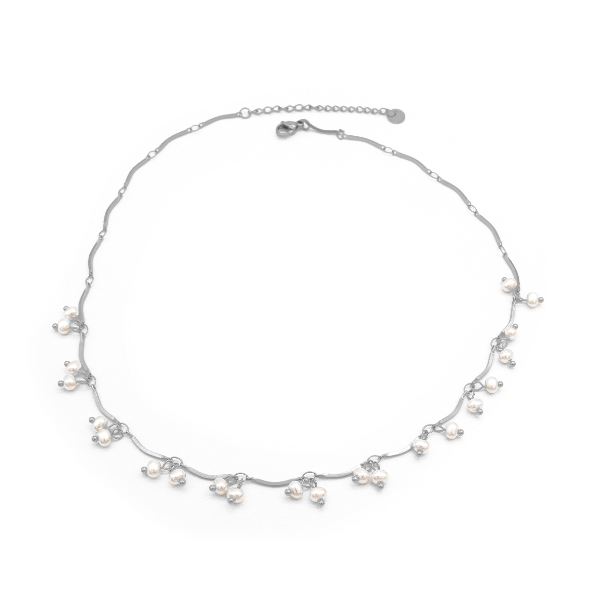 CK0284-RB-1 Colar Feminino Com Micro Pérolas Penduradas Em Aço Inox PVD Prata - Imagem 1