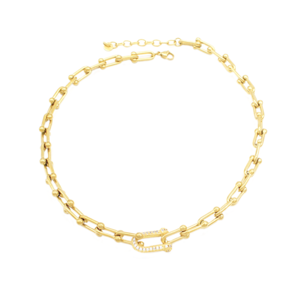 Colar Choker Feminino Elo Cadeado Cravejado Em Zircônias Em Aço Inox PVD Dourado