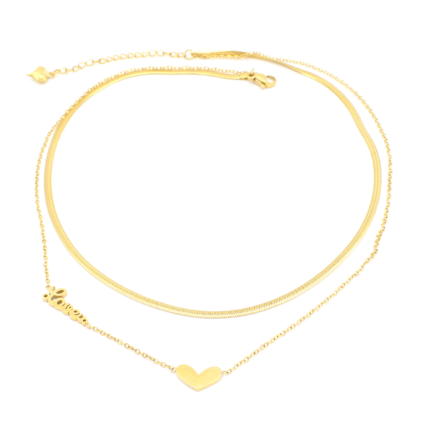 Choker Elo Duplo Com Coração E Pingente LOVE Em Aço Inox Com Revestimento PVD Dourado