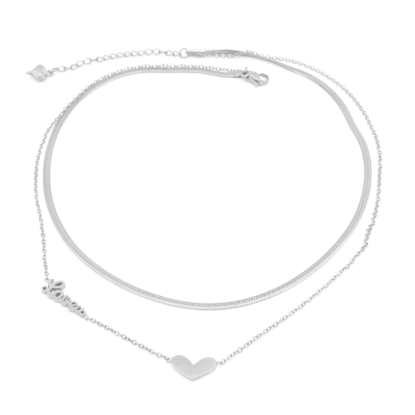 Choker Elo Duplo Com Coração E Pingente “LOVE” Aço Inox Com Revestimento PVD Prateado