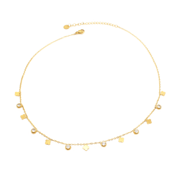 Choker De Pontos De Luz E Trevos Intercalados Em Aço Inox Com Revestimento PVD Dourado