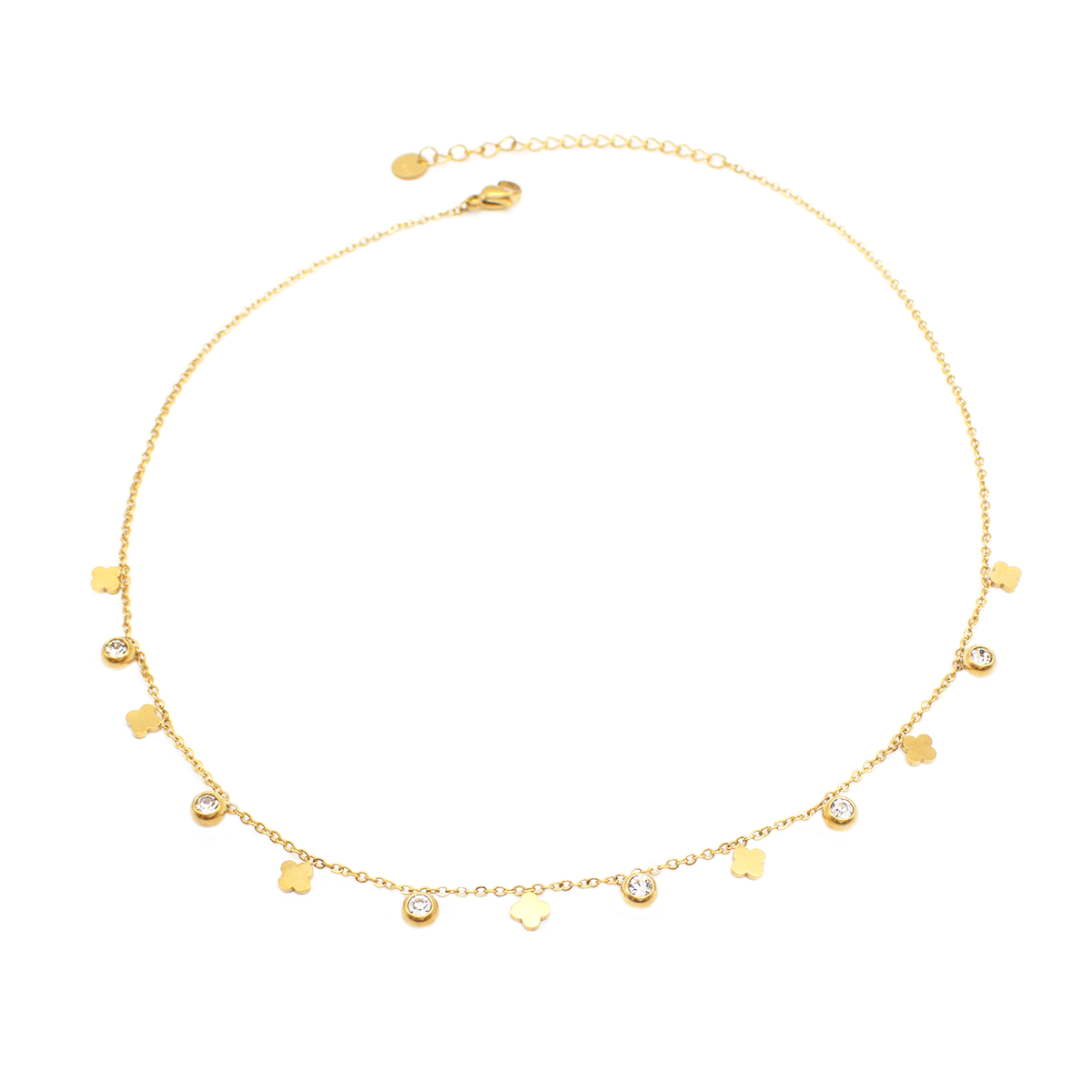 CKA05-OU-1 Choker De Pontos De Luz E Trevos Intercalados Em Aço Inox Com Revestimento PVD Dourado - Imagem 1