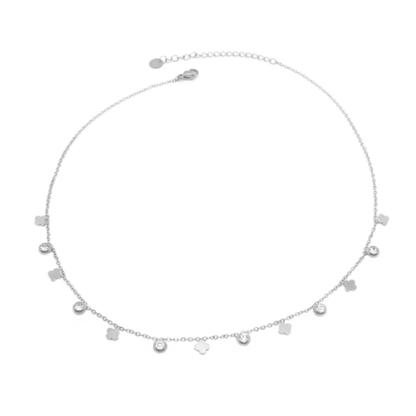 Choker De Pontos De Luz E Trevos Intercalados Aço Inox Com Revestimento Pvd Prateado