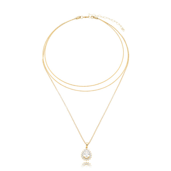 Choker Dupla Com Corrente E Ponto De Luz Gota Cravejada Banhado A Ouro