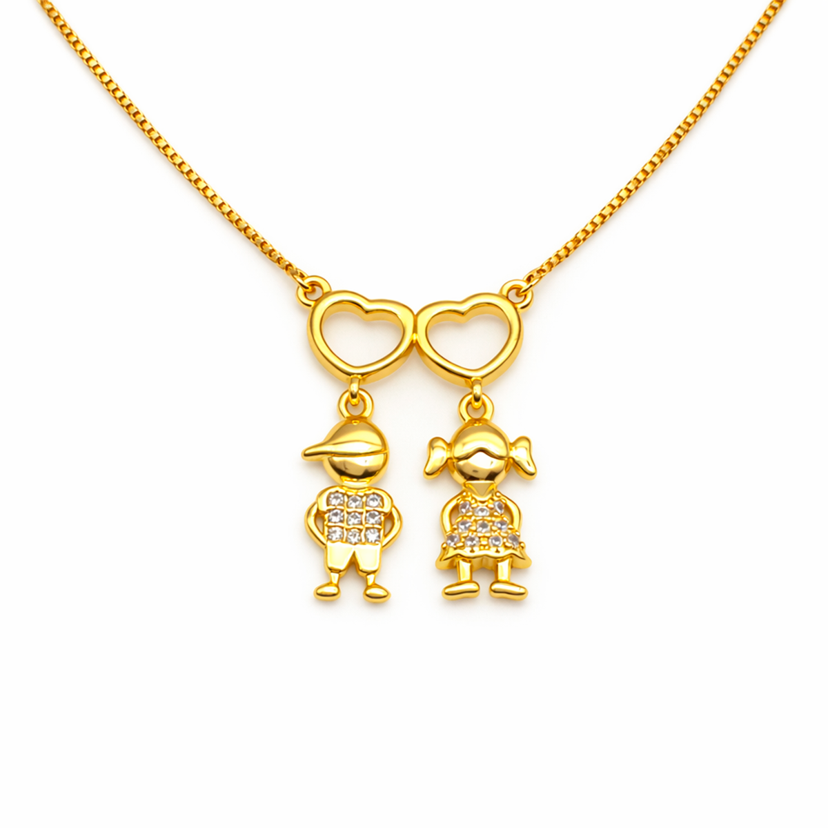 CR2267-1 Corrente com Pingente Casal de Filhos Coração Entrelaçados Banhado a Ouro e Ródio 45cm - Imagem 1