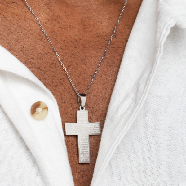 Colar Pai Nosso Em Formato De Cruz Aço Inox Design Religioso Com Significado