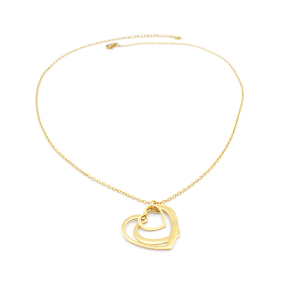 Colar Feminino Elo Português Com 3 Corações Entrelaçados Vazados Em Aço Inox PVD Dourado
