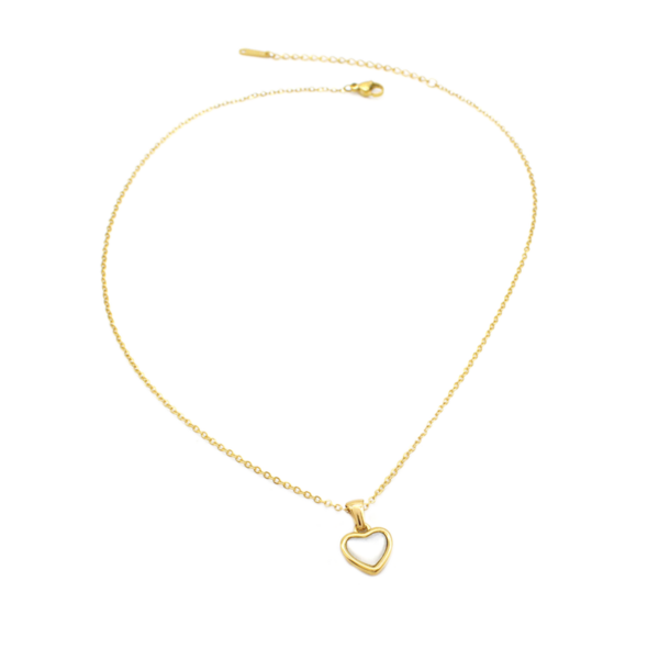 Colar Feminino Elo Português Com Coração De Madrepérola Em Aço Inox PVD Dourado