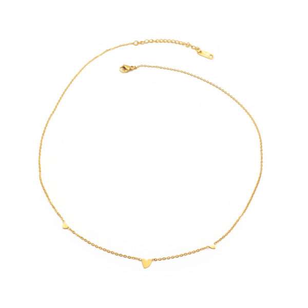 Colar Choker Feminino Com Três Corações Em Aço Inox PVD Dourado
