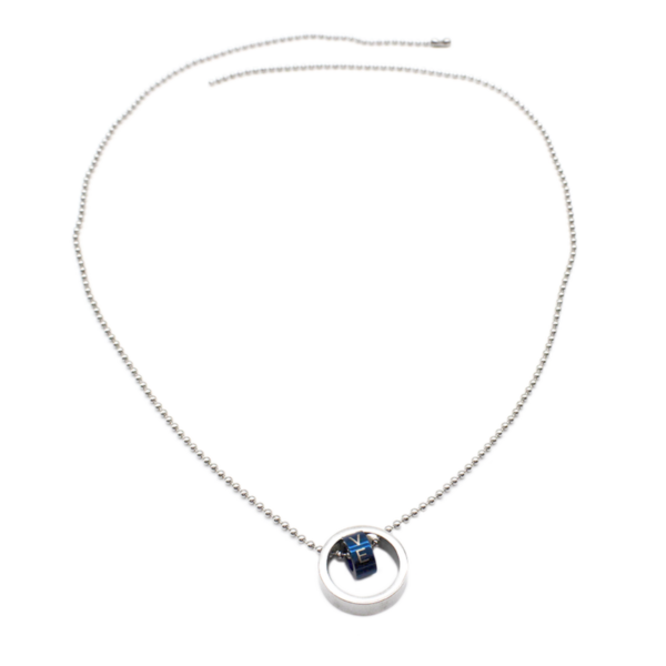 Corrente Masculina Minimalista Com Pingente De Círculo E Pedra Azul Em Aço Inox PVD Prata