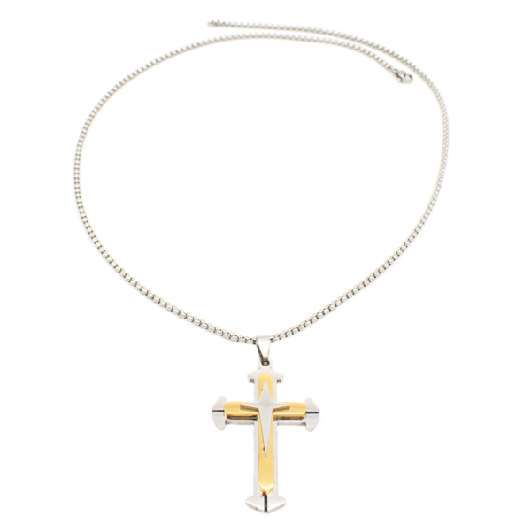 Cruz Dupla Lisa Em Aço Inox Com Revestimento PVD Prateado E Dourado