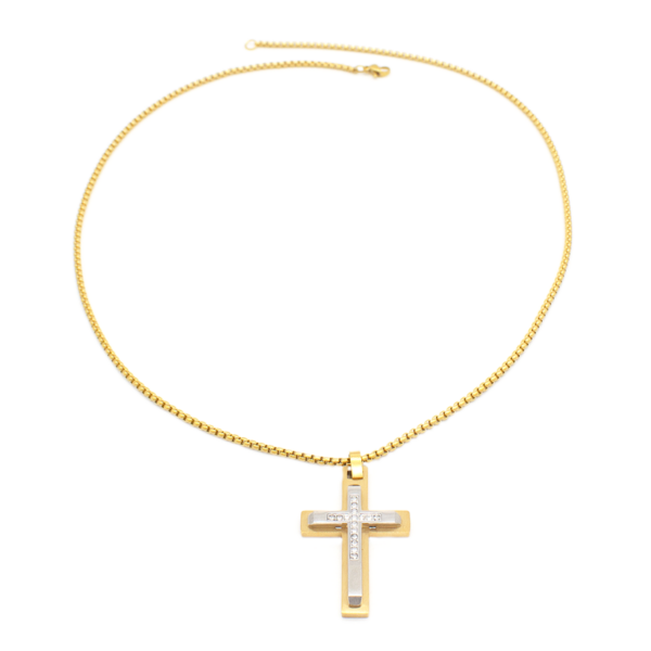 Cruz Dupla Cravejada Em Aço Inox Com Revestimento PVD Dourado