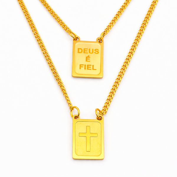 Escapulário Deus é Fiel 65 cm em Aço Inox Dourado