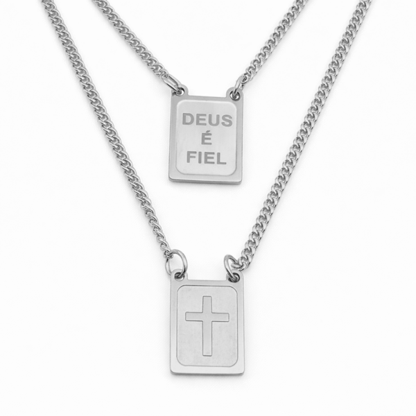 Escapulário Deus é Fiel 65 cm em Aço Inox Prateado