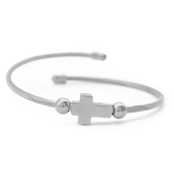 Bracelete Masculino Com Cruz Minimalista Em Aço Inox PVD Prata