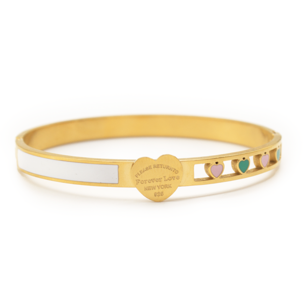 Bracelete Com Corações Coloridos E Madrepérola Em Aço Inox PVD Dourado